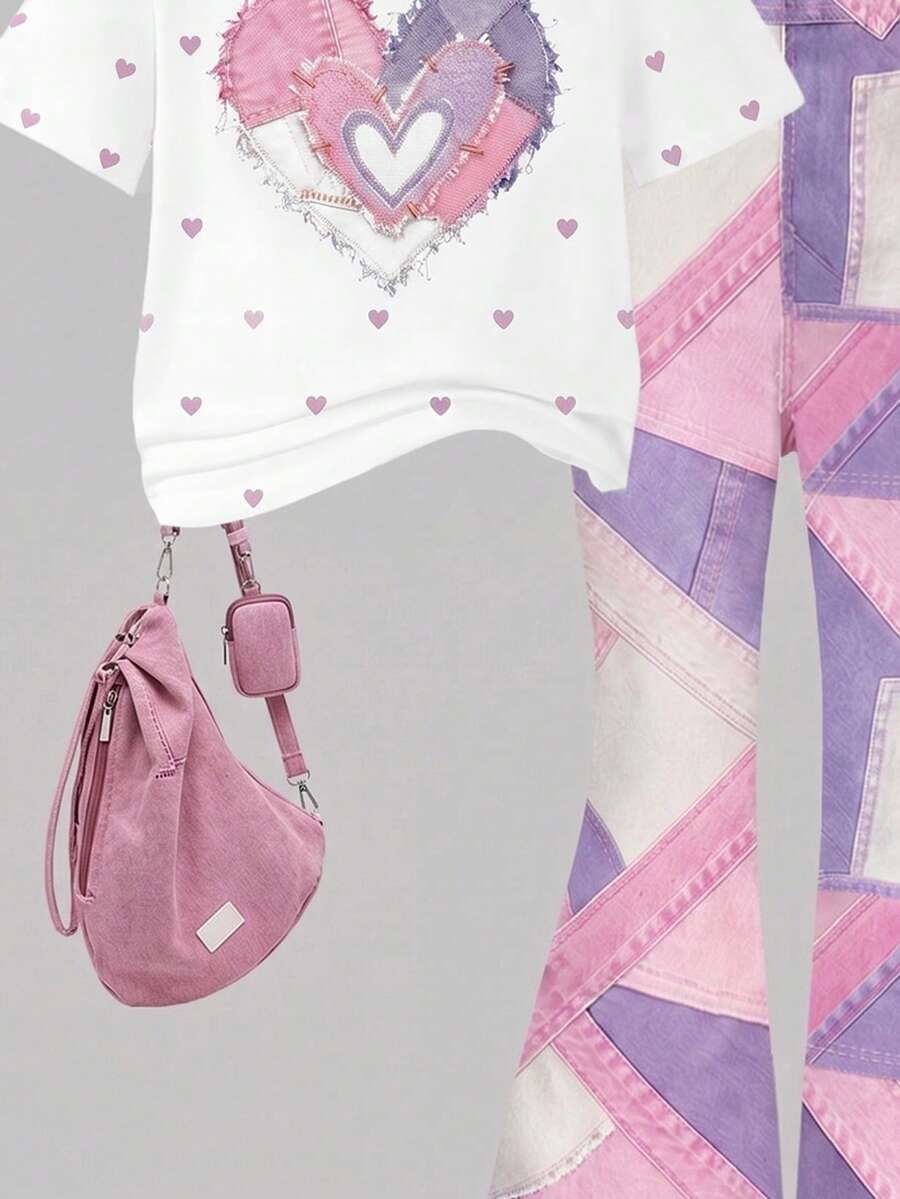 Elladie kids 2pcs/Set Young Girl Casual Butterfly Print Short Sleeve T-Shirt And Flare Pants,Cute Cartoon Graphic Fashionable Summer Clothes For School Outfit