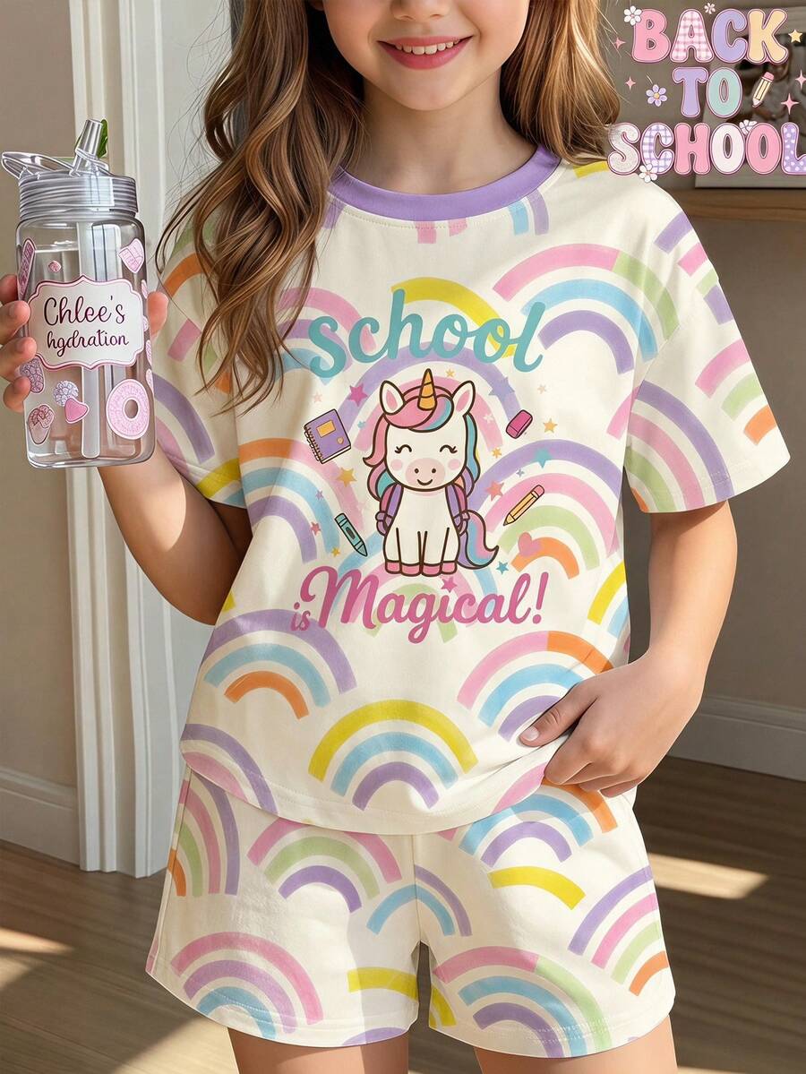 Young Girl Young Girl Casual Minimalist Short Sleeve T-Shirt And Shorts 2-Piece Set Suitable For Summer