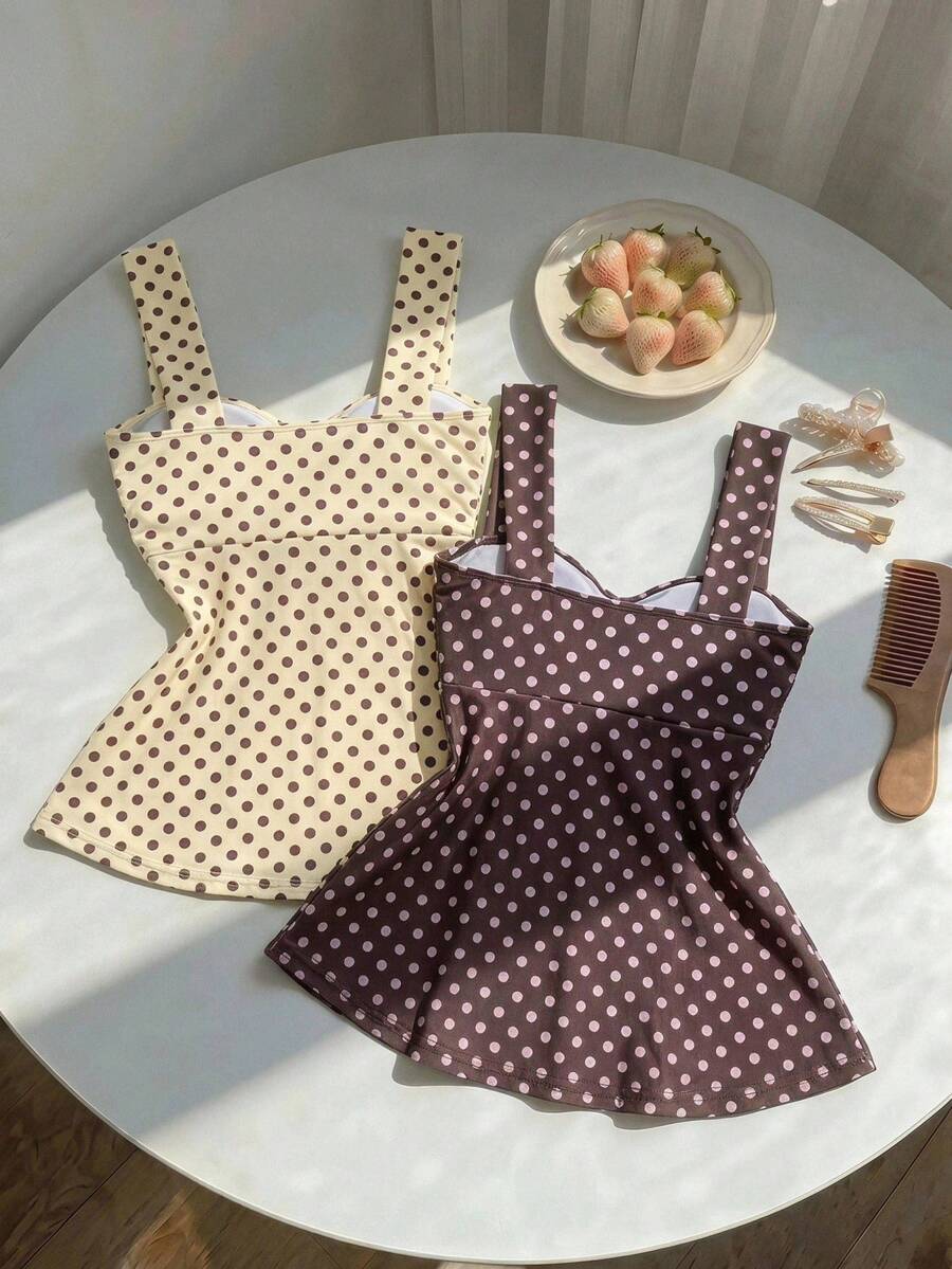 2026 Spring/Summer Women's New Arrival: Brown And White Polka Dot Sweet Vintage 2000s Cute Casual Versatile Ruffle Drawstring Top/Tank Vacation