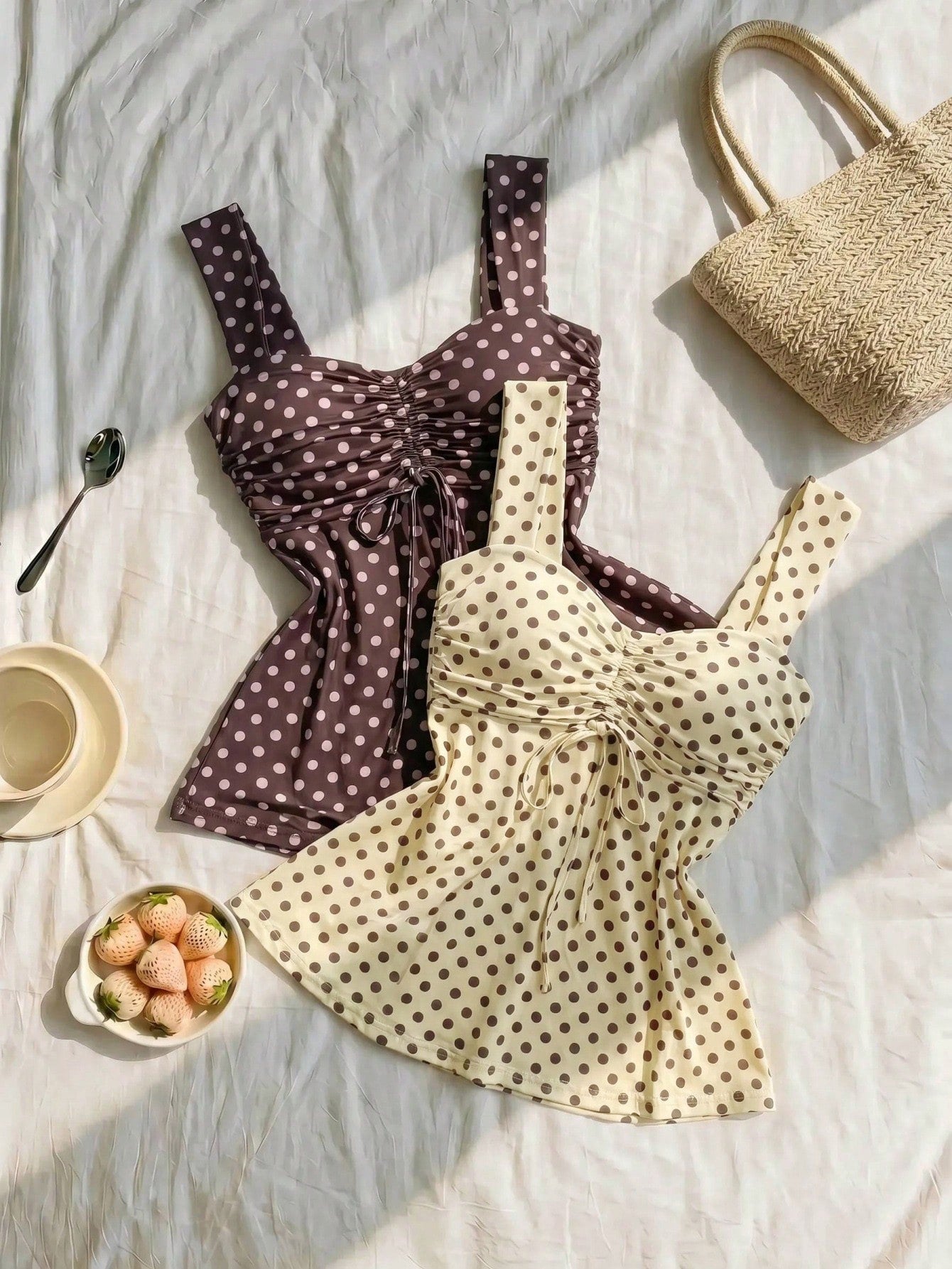 CovetEZ 2026 Spring/Summer New Women's Apparel: Black Polka Dot Cute Casual Versatile Ruffle Drawstring Blouse/Tank Top,Summer Top