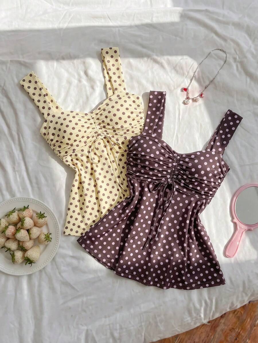 2026 Spring/Summer Women's New Arrival: Brown And White Polka Dot Sweet Vintage 2000s Cute Casual Versatile Ruffle Drawstring Top/Tank Vacation