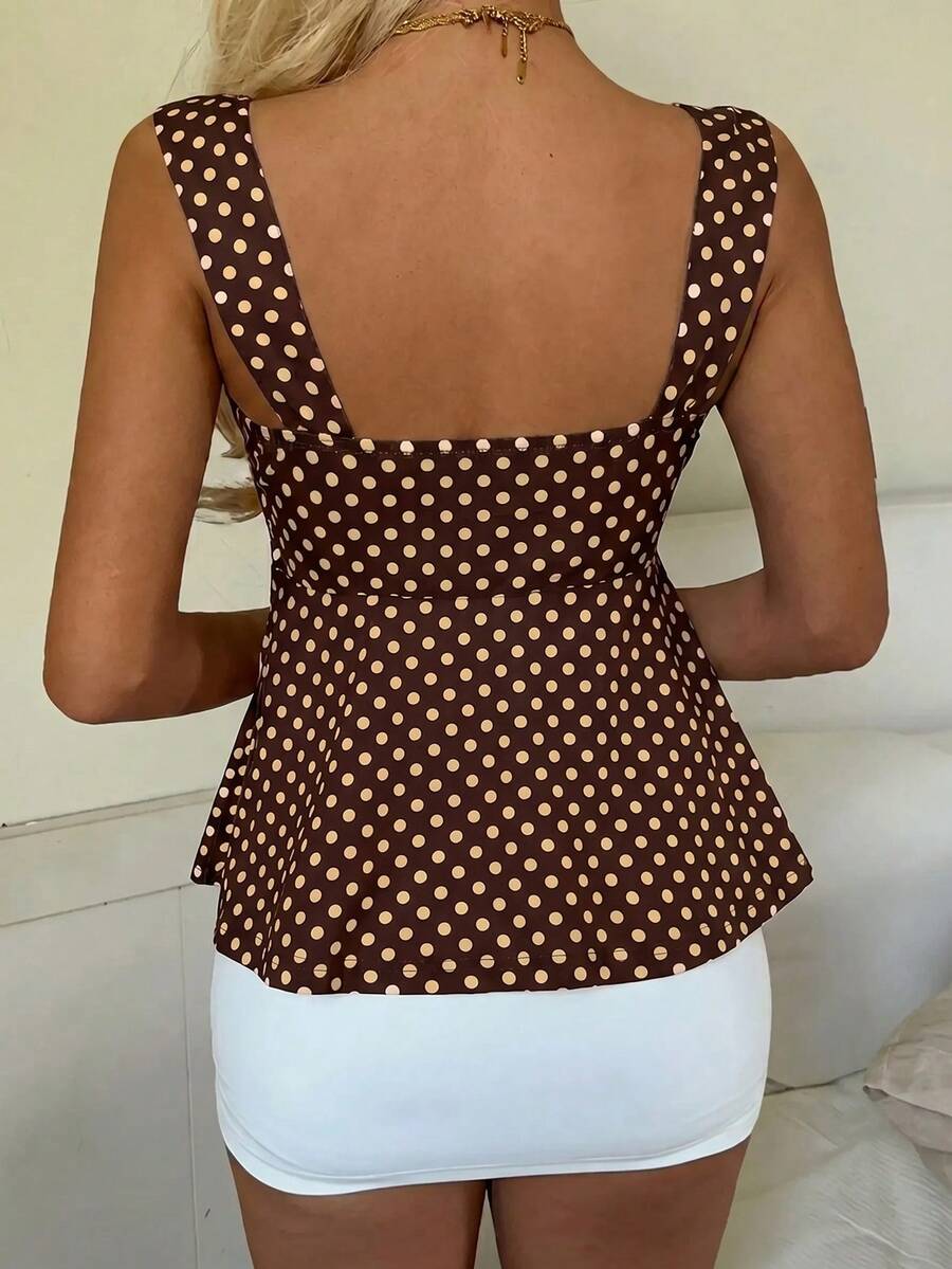 2026 Spring/Summer Women's New Arrival: Brown And White Polka Dot Sweet Vintage 2000s Cute Casual Versatile Ruffle Drawstring Top/Tank Vacation