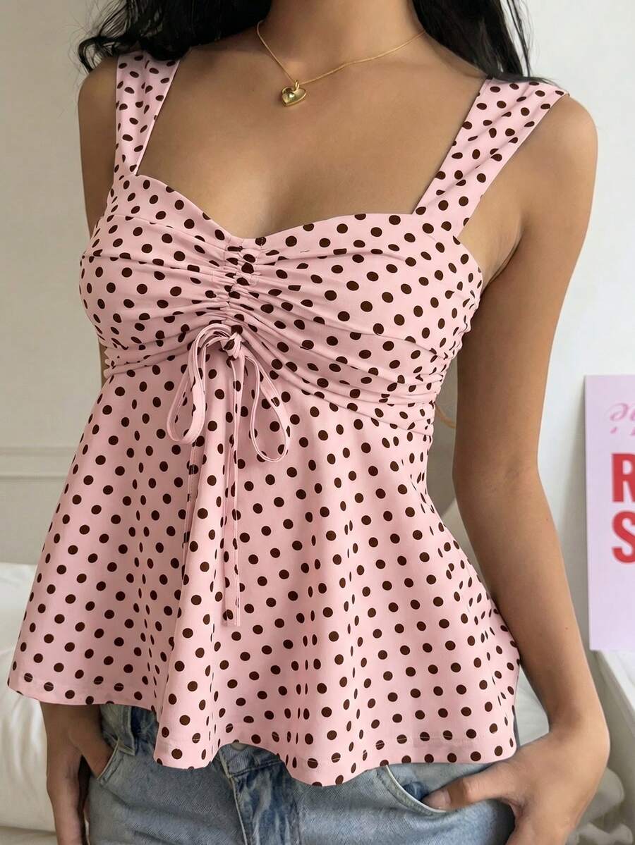 2026 Spring/Summer Women's New Arrival: Brown And White Polka Dot Sweet Vintage 2000s Cute Casual Versatile Ruffle Drawstring Top/Tank Vacation