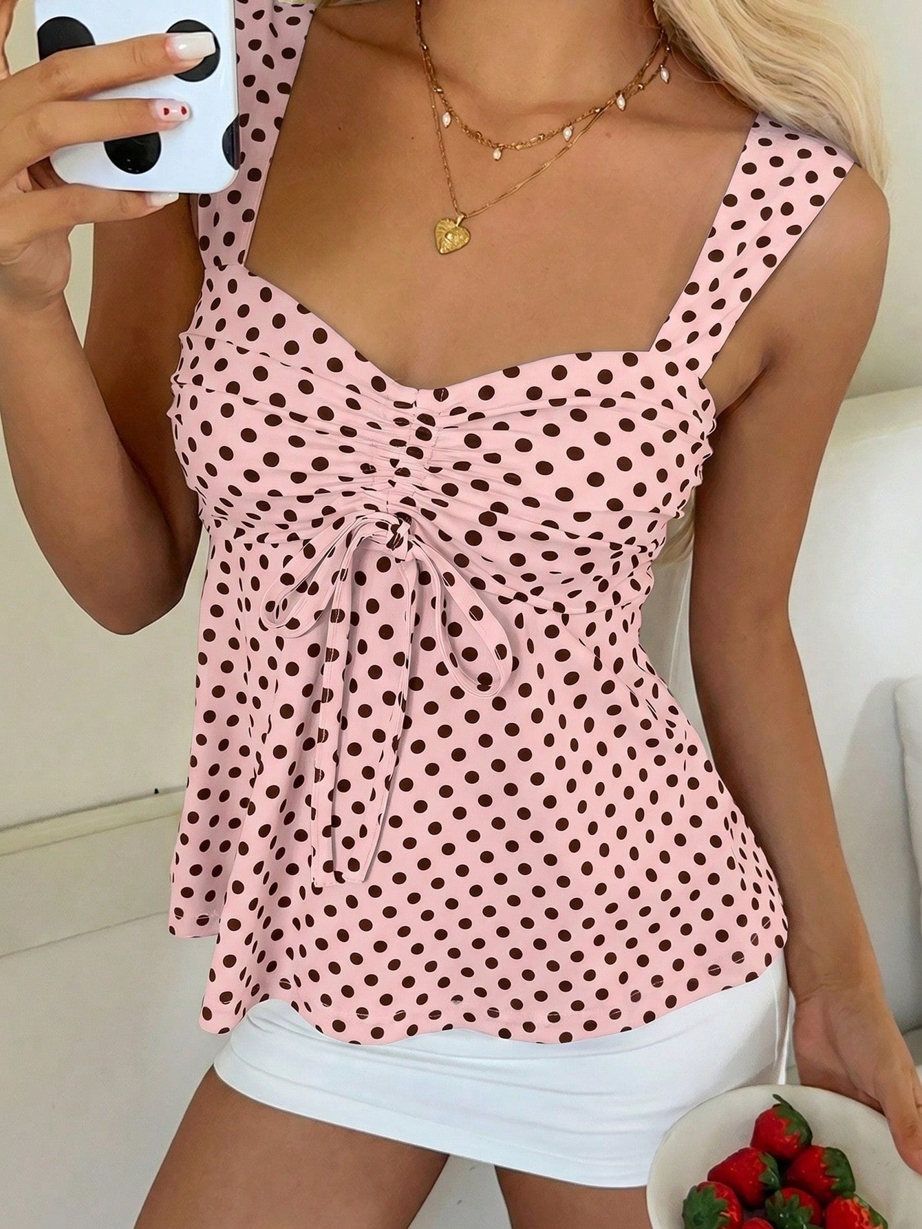 CovetEZ 2026 Spring/Summer New Women's Apparel: Black Polka Dot Cute Casual Versatile Ruffle Drawstring Blouse/Tank Top,Summer Top