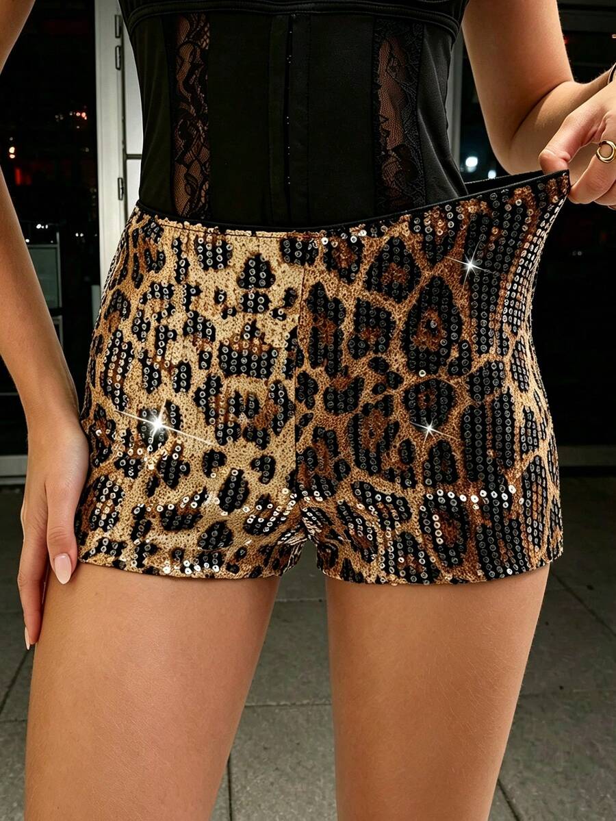 Women's Y2K leopard print sequin ultra short hot pants with elastic waist and shiny party style