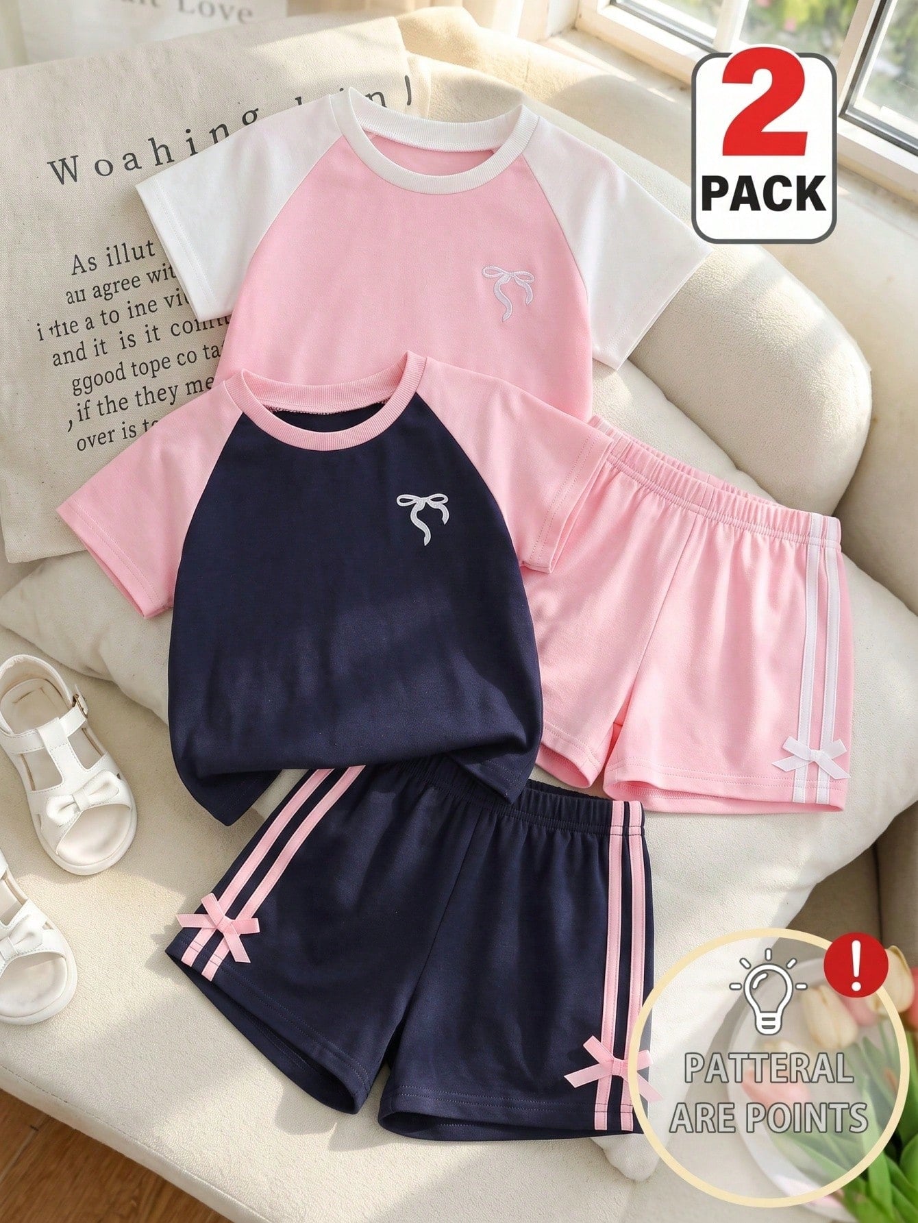 Genkimix Kids Young Girls Casual Light Sports Print Leopard Raglan T-Shirt With Cute Bow Front, Contrast Pink Knit Jersey Fabric, Y2K Retro Double Stripe Leopard Shorts Set, Suitable For Casual Activities, Street Style, Sports