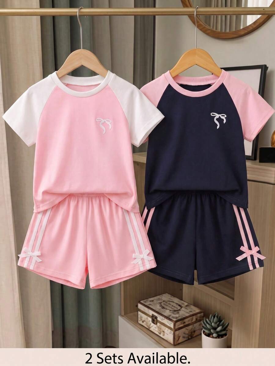 Genkimix Kids Young Girls Casual Light Sports Print Leopard Raglan T-Shirt With Cute Bow Front, Contrast Pink Knit Jersey Fabric, Y2K Retro Double Stripe Leopard Shorts Set, Suitable For Casual Activities, Street Style, Sports