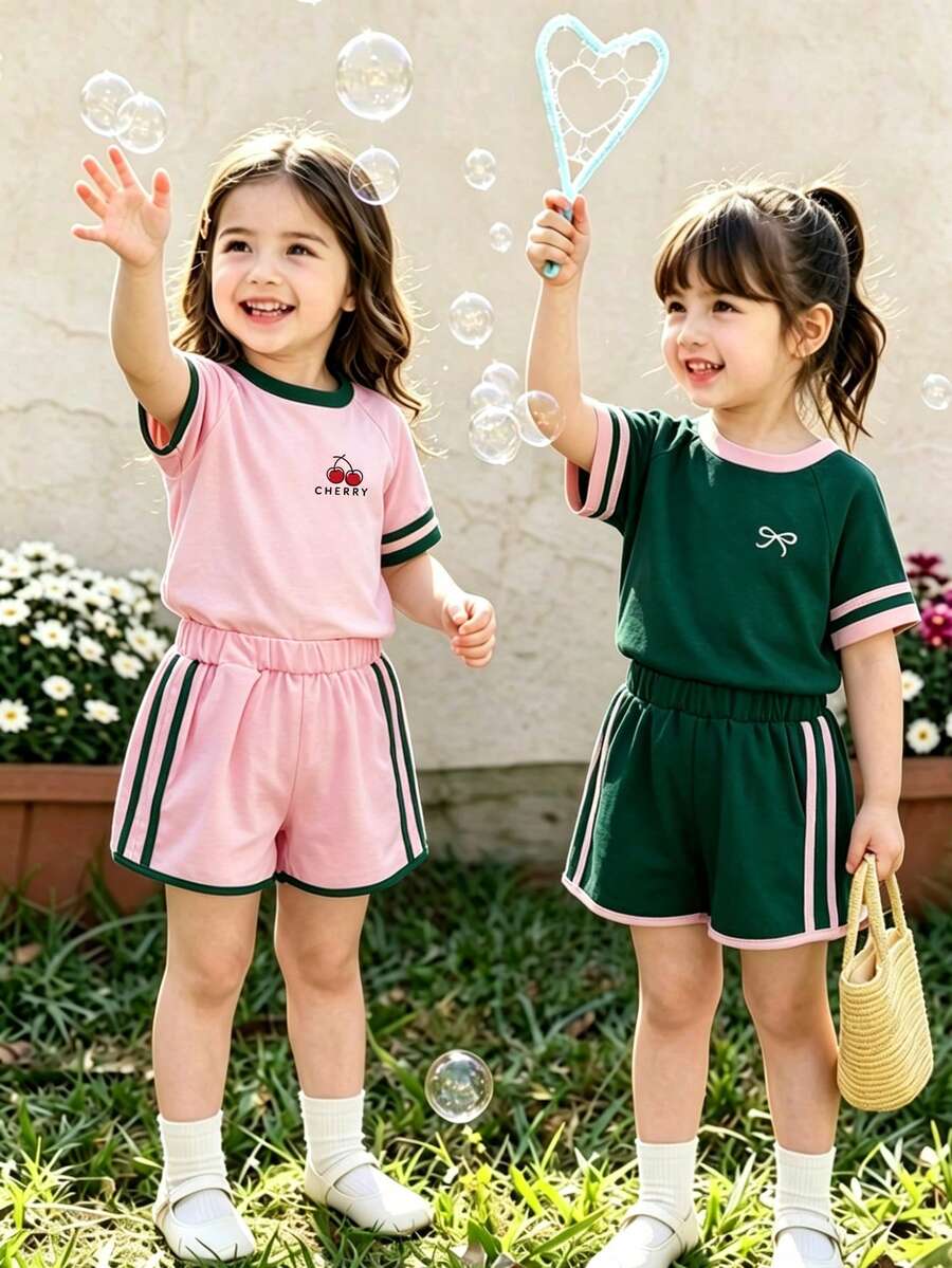 Genkimix Kids Young Girls Casual Light Sports Print Leopard Raglan T-Shirt With Cute Bow Front, Contrast Pink Knit Jersey Fabric, Y2K Retro Double Stripe Leopard Shorts Set, Suitable For Casual Activities, Street Style, Sports