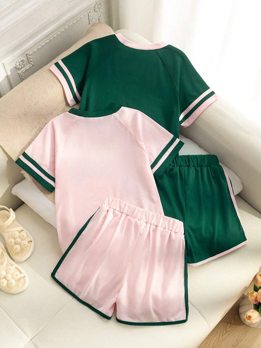 Genkimix Kids Young Girls Casual Light Sports Print Leopard Raglan T-Shirt With Cute Bow Front, Contrast Pink Knit Jersey Fabric, Y2K Retro Double Stripe Leopard Shorts Set, Suitable For Casual Activities, Street Style, Sports