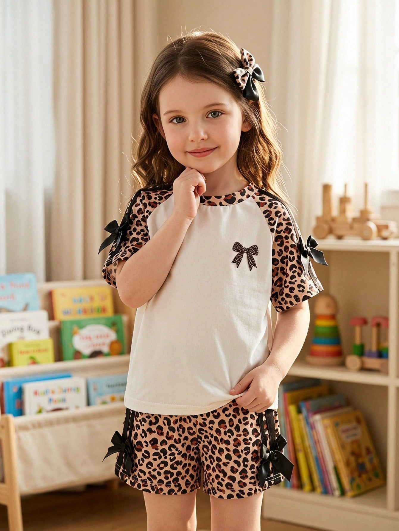 Genkimix Kids Young Girls Casual Light Sports Print Leopard Raglan T-Shirt With Cute Bow Front, Contrast Pink Knit Jersey Fabric, Y2K Retro Double Stripe Leopard Shorts Set, Suitable For Casual Activities, Street Style, Sports