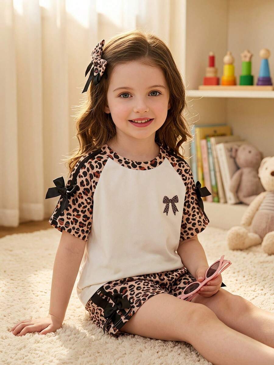 Genkimix Kids Young Girls Casual Light Sports Print Leopard Raglan T-Shirt With Cute Bow Front, Contrast Pink Knit Jersey Fabric, Y2K Retro Double Stripe Leopard Shorts Set, Suitable For Casual Activities, Street Style, Sports