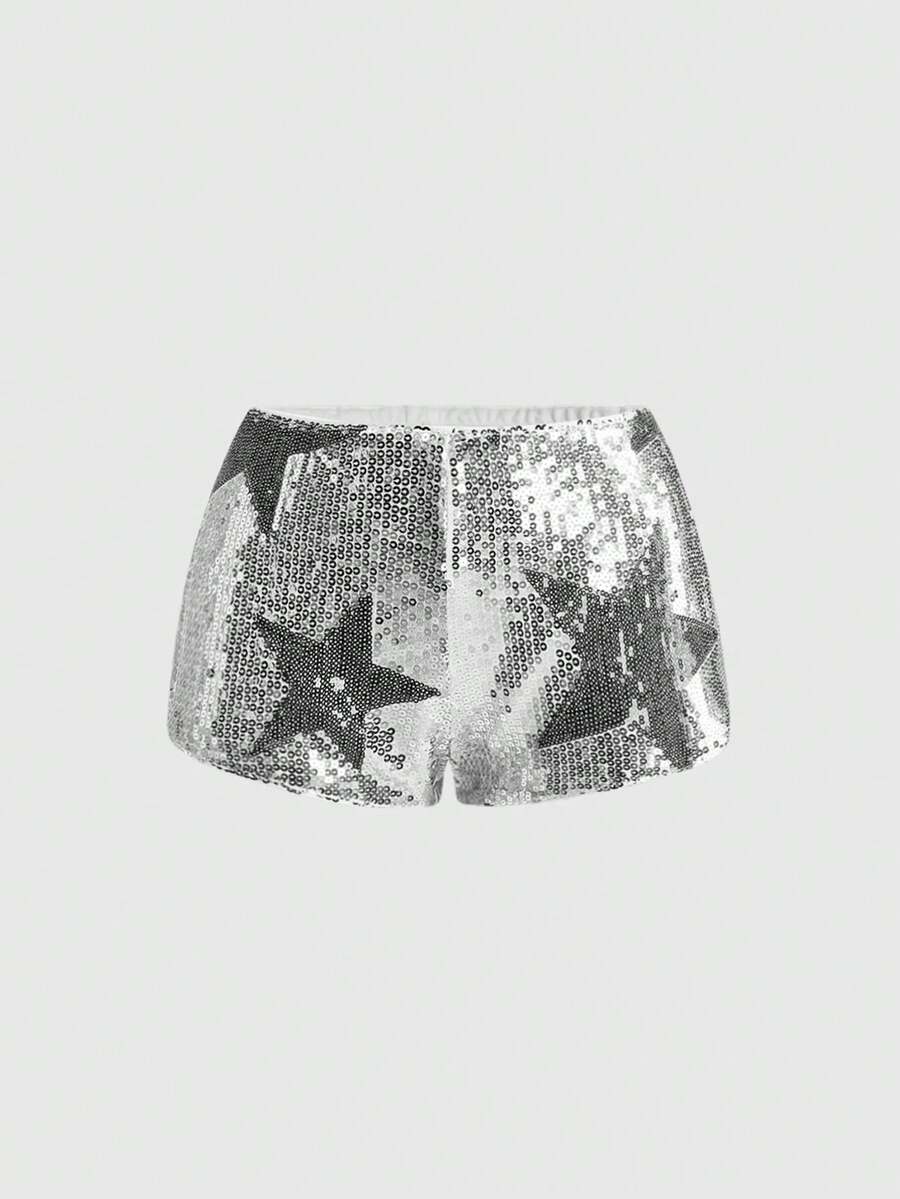 Women's black sequin ultra low-waist mini shorts with sparkling pentagram decor, zipper detail, and elastic waist for party, stage, concert, or Halloween wear