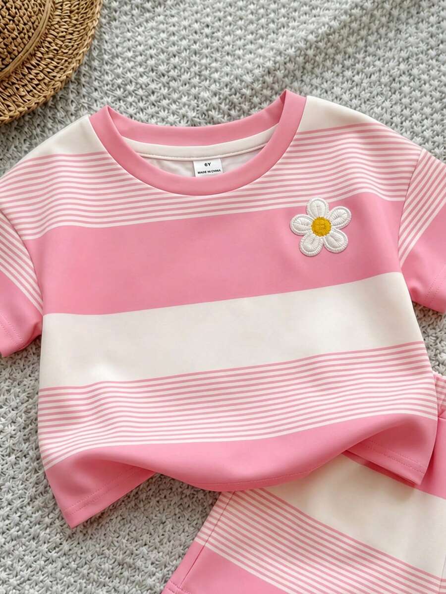 Young Girl Young Girl Casual Minimalist Short Sleeve T-Shirt And Shorts 2-Piece Set Suitable For Summer