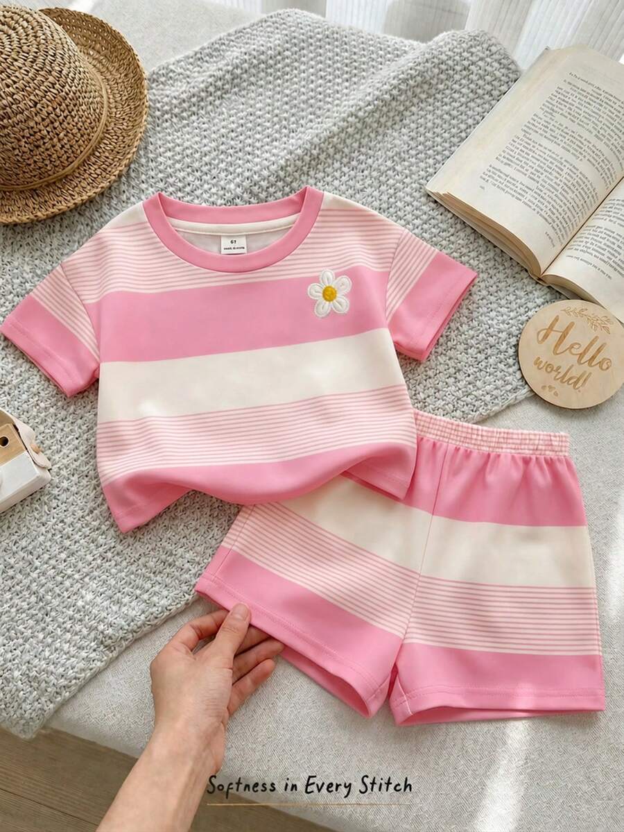 Young Girl Young Girl Casual Minimalist Short Sleeve T-Shirt And Shorts 2-Piece Set Suitable For Summer