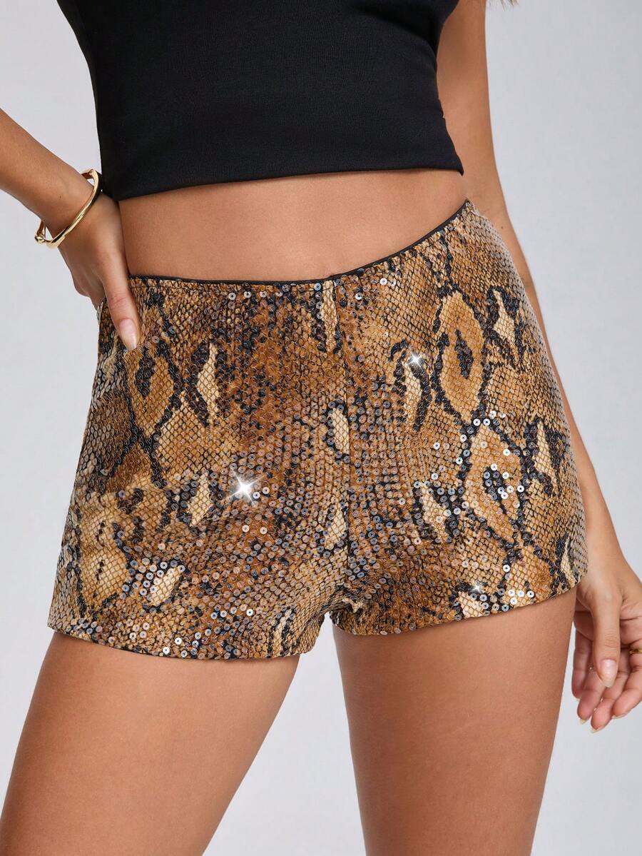 Women's Y2K leopard print sequin ultra short hot pants with elastic waist and shiny party style
