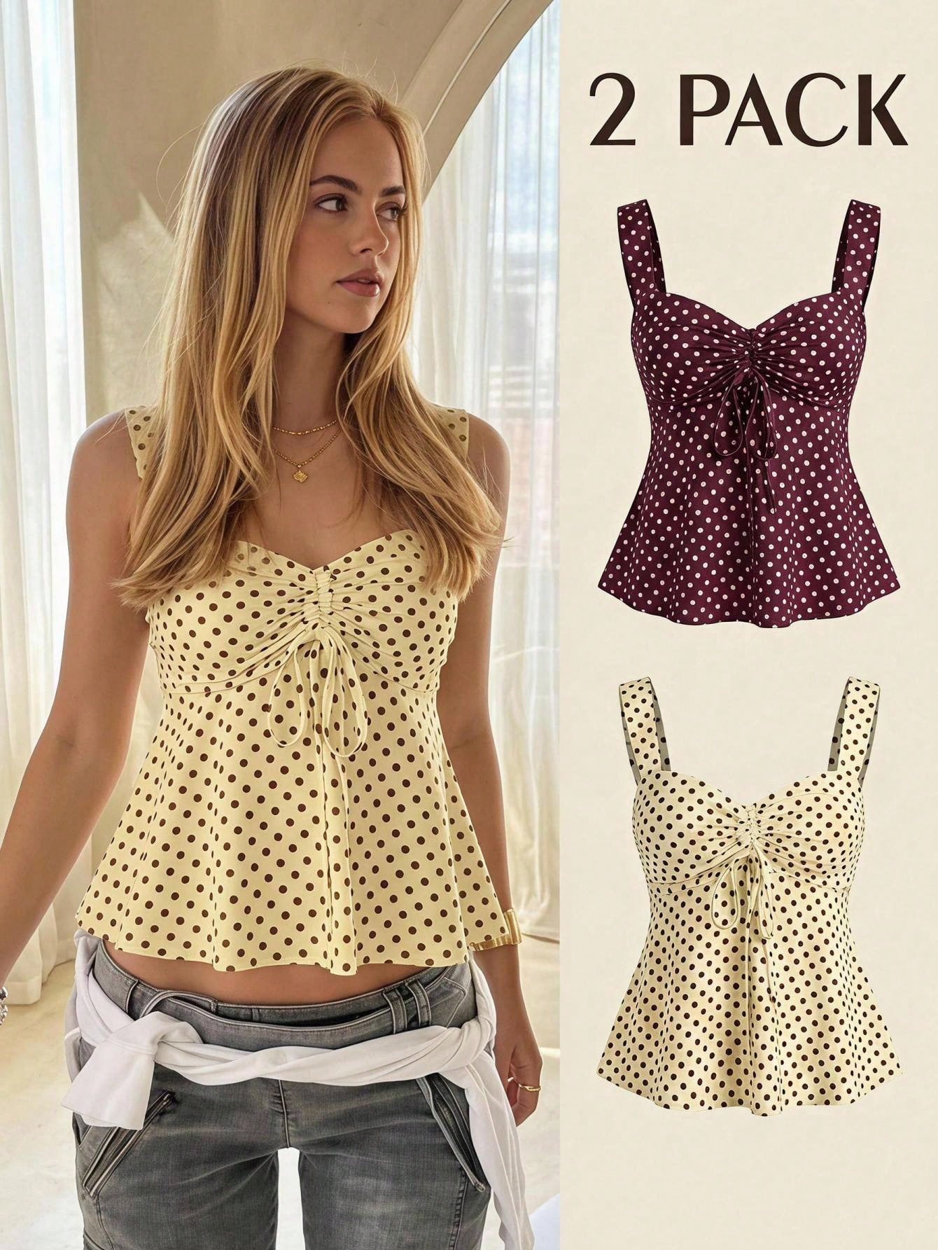 CovetEZ 2026 Spring/Summer New Women's Apparel: Black Polka Dot Cute Casual Versatile Ruffle Drawstring Blouse/Tank Top,Summer Top
