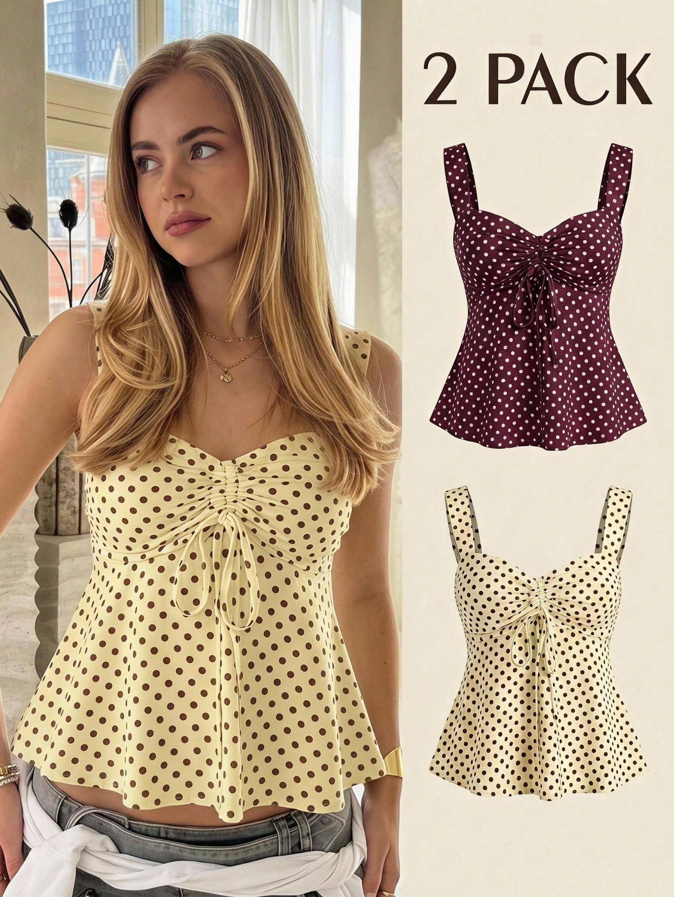 CovetEZ 2026 Spring/Summer New Women's Apparel: Black Polka Dot Cute Casual Versatile Ruffle Drawstring Blouse/Tank Top,Summer Top