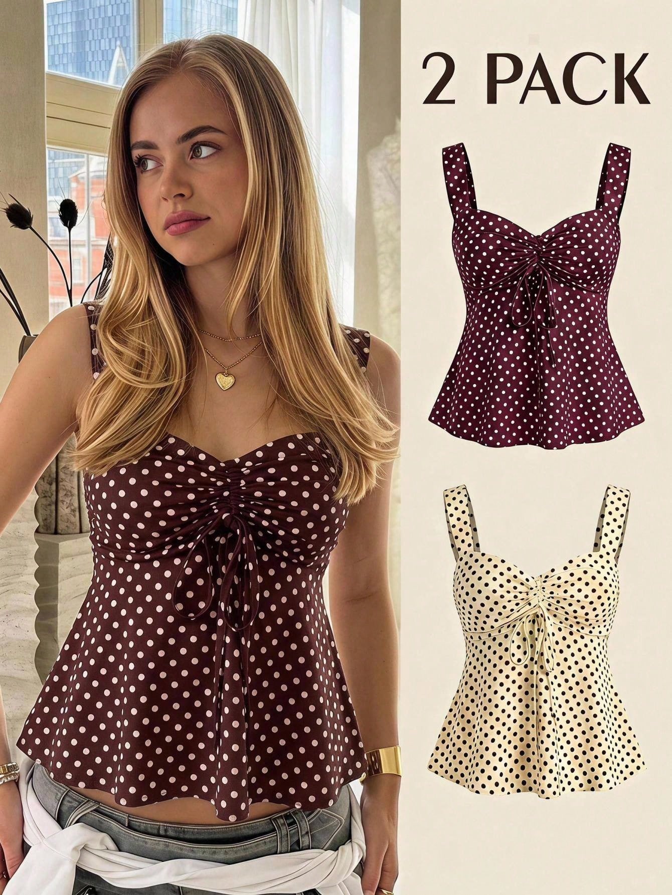 CovetEZ 2026 Spring/Summer New Women's Apparel: Black Polka Dot Cute Casual Versatile Ruffle Drawstring Blouse/Tank Top,Summer Top