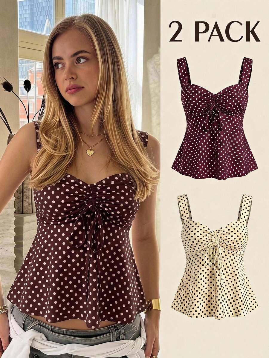 2026 Spring/Summer Women's New Arrival: Brown And White Polka Dot Sweet Vintage 2000s Cute Casual Versatile Ruffle Drawstring Top/Tank Vacation