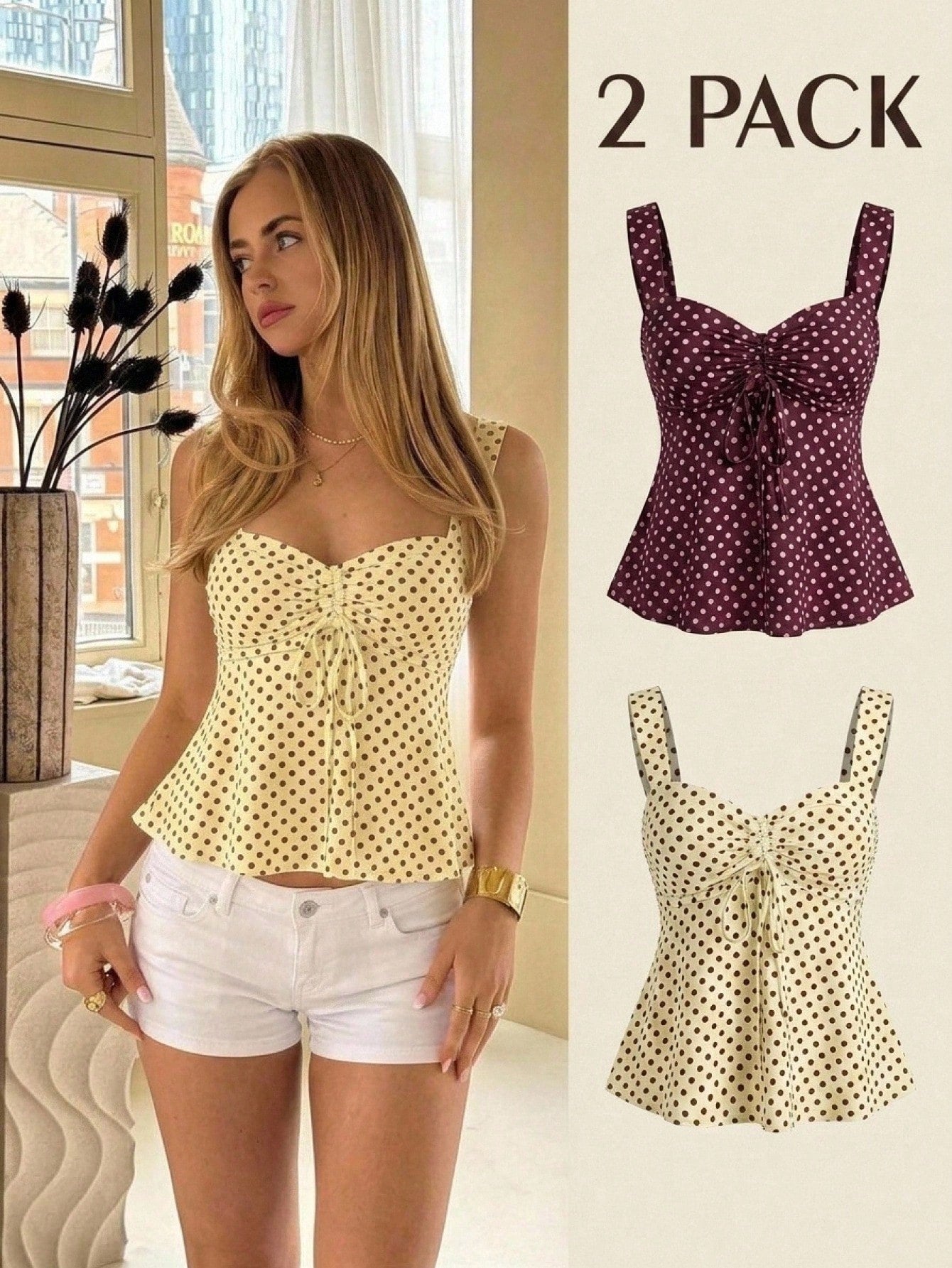 CovetEZ 2026 Spring/Summer New Women's Apparel: Black Polka Dot Cute Casual Versatile Ruffle Drawstring Blouse/Tank Top,Summer Top