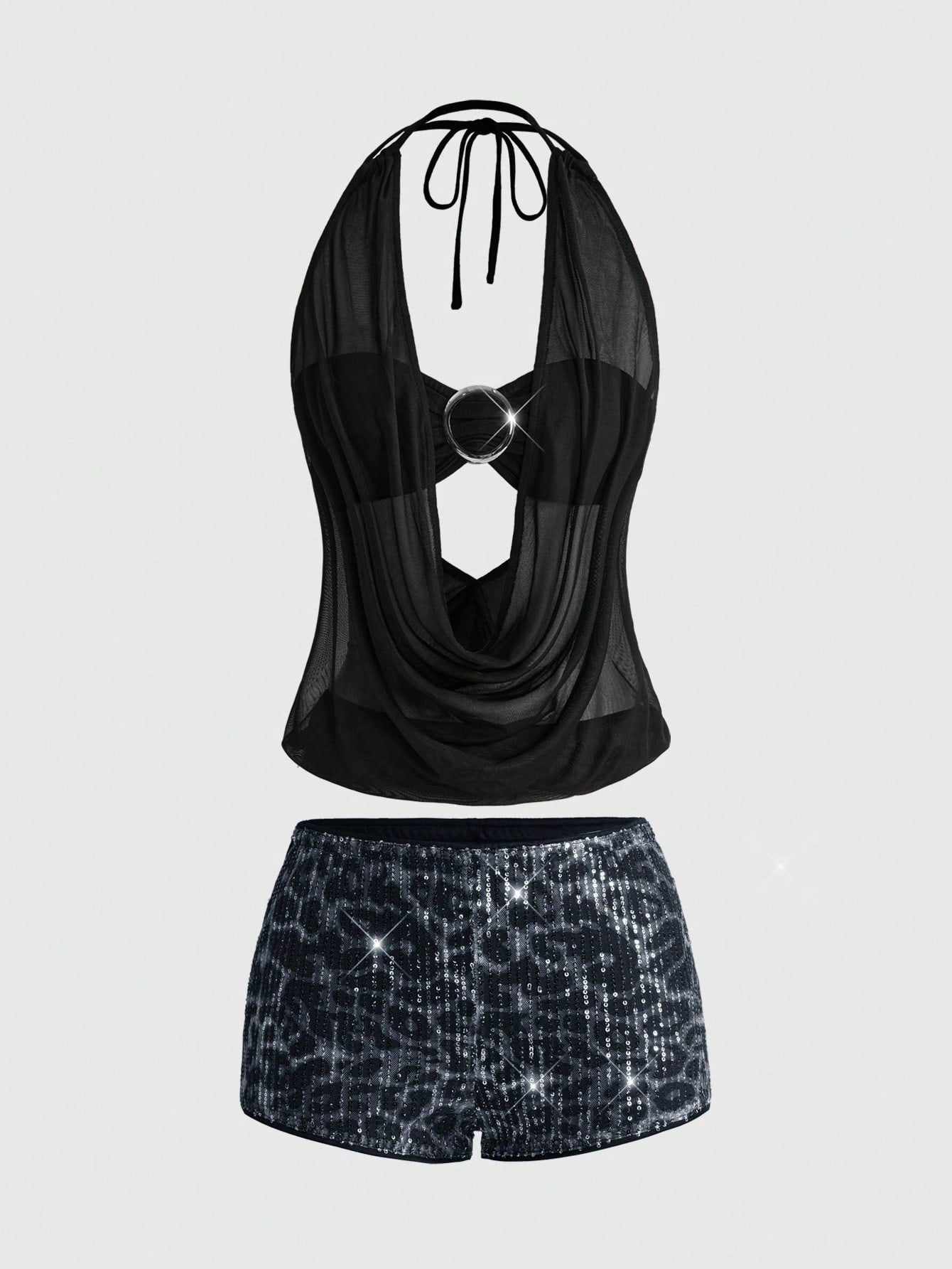 Women's two-piece outfit with a sleeveless halter cowl neck backless crop camisole, tie-back detail, bandeau inner, and leopard print shorts.