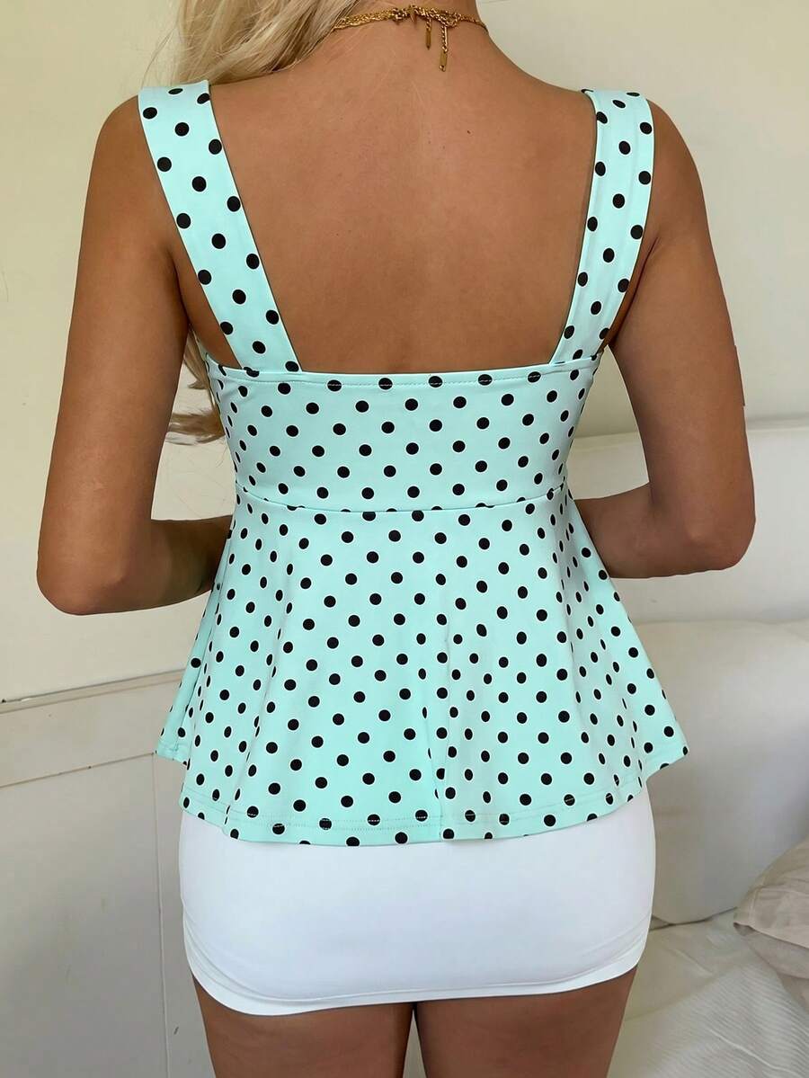 2026 Spring/Summer Women's New Arrival: Brown And White Polka Dot Sweet Vintage 2000s Cute Casual Versatile Ruffle Drawstring Top/Tank Vacation