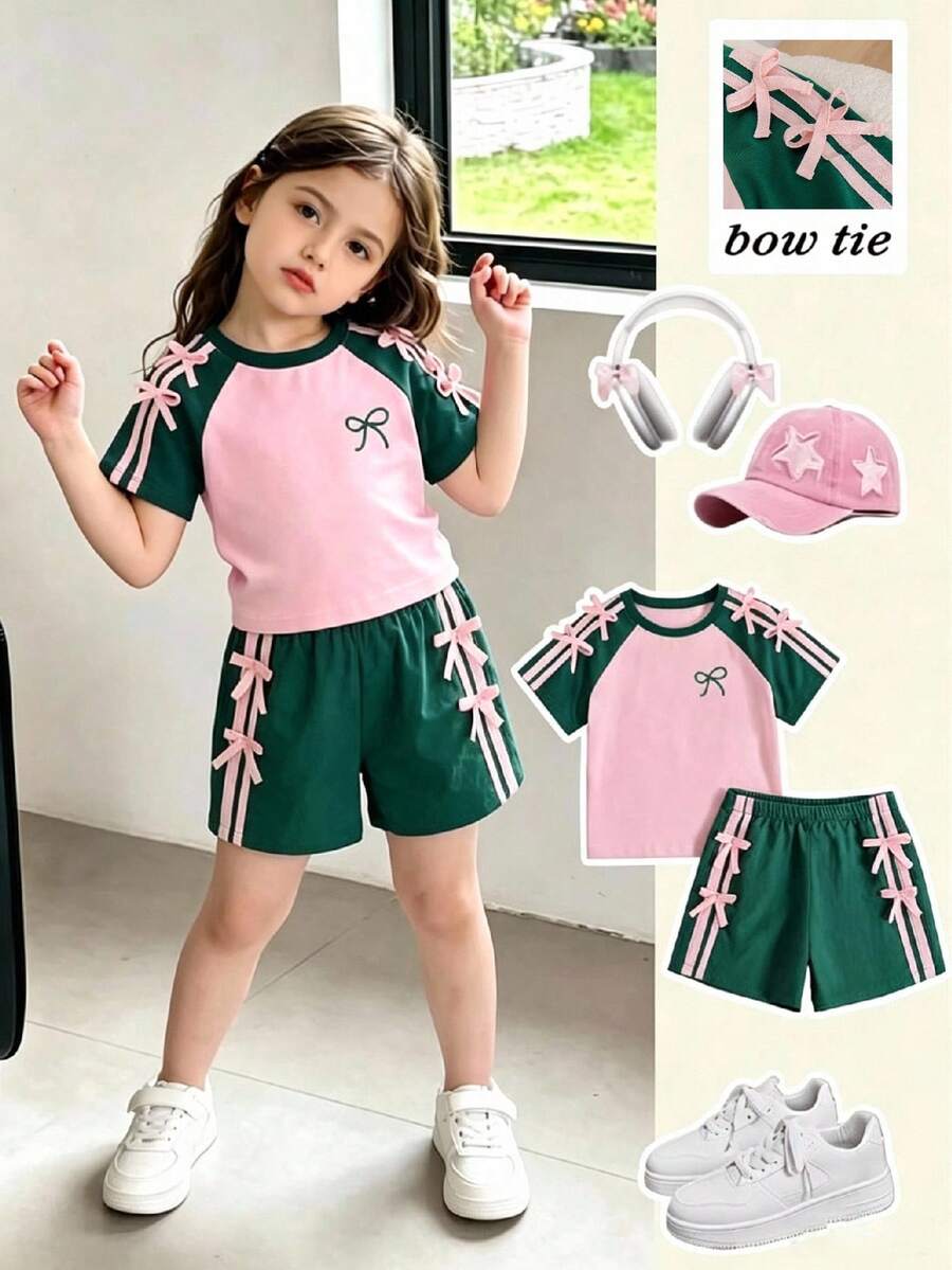 Genkimix Kids Young Girls Casual Light Sports Print Leopard Raglan T-Shirt With Cute Bow Front, Contrast Pink Knit Jersey Fabric, Y2K Retro Double Stripe Leopard Shorts Set, Suitable For Casual Activities, Street Style, Sports