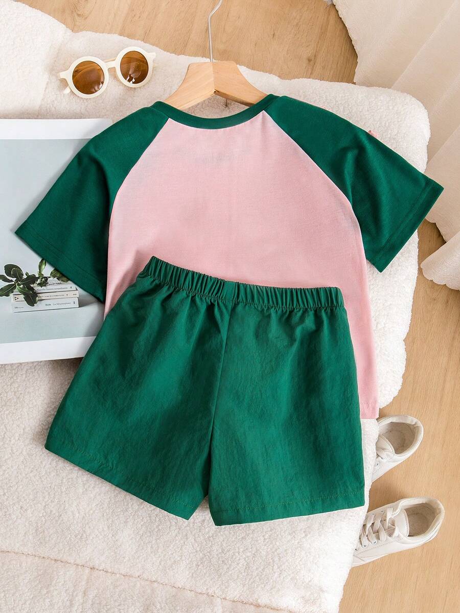 Genkimix Kids Young Girls Casual Light Sports Print Leopard Raglan T-Shirt With Cute Bow Front, Contrast Pink Knit Jersey Fabric, Y2K Retro Double Stripe Leopard Shorts Set, Suitable For Casual Activities, Street Style, Sports