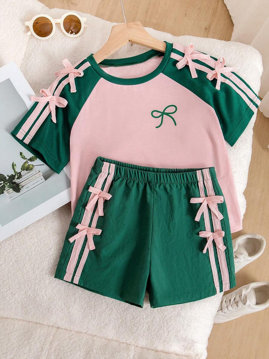 Genkimix Kids Young Girls Casual Light Sports Print Leopard Raglan T-Shirt With Cute Bow Front, Contrast Pink Knit Jersey Fabric, Y2K Retro Double Stripe Leopard Shorts Set, Suitable For Casual Activities, Street Style, Sports