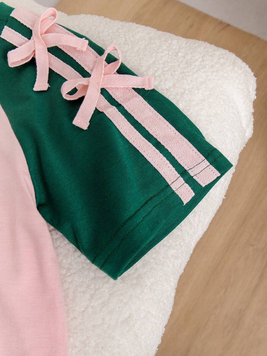 Genkimix Kids Young Girls Casual Light Sports Print Leopard Raglan T-Shirt With Cute Bow Front, Contrast Pink Knit Jersey Fabric, Y2K Retro Double Stripe Leopard Shorts Set, Suitable For Casual Activities, Street Style, Sports