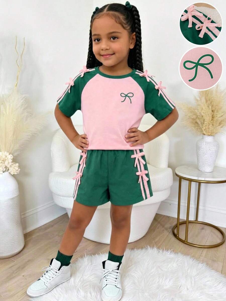 Genkimix Kids Young Girls Casual Light Sports Print Leopard Raglan T-Shirt With Cute Bow Front, Contrast Pink Knit Jersey Fabric, Y2K Retro Double Stripe Leopard Shorts Set, Suitable For Casual Activities, Street Style, Sports