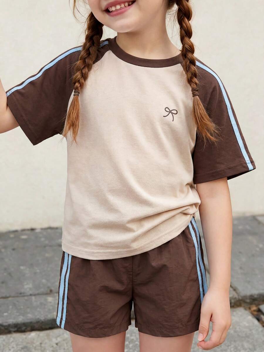 Genkimix Kids Young Girls Casual Light Sports Print Leopard Raglan T-Shirt With Cute Bow Front, Contrast Pink Knit Jersey Fabric, Y2K Retro Double Stripe Leopard Shorts Set, Suitable For Casual Activities, Street Style, Sports