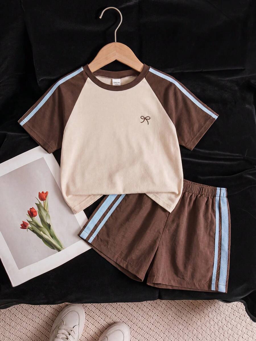 Genkimix Kids Young Girls Casual Light Sports Print Leopard Raglan T-Shirt With Cute Bow Front, Contrast Pink Knit Jersey Fabric, Y2K Retro Double Stripe Leopard Shorts Set, Suitable For Casual Activities, Street Style, Sports