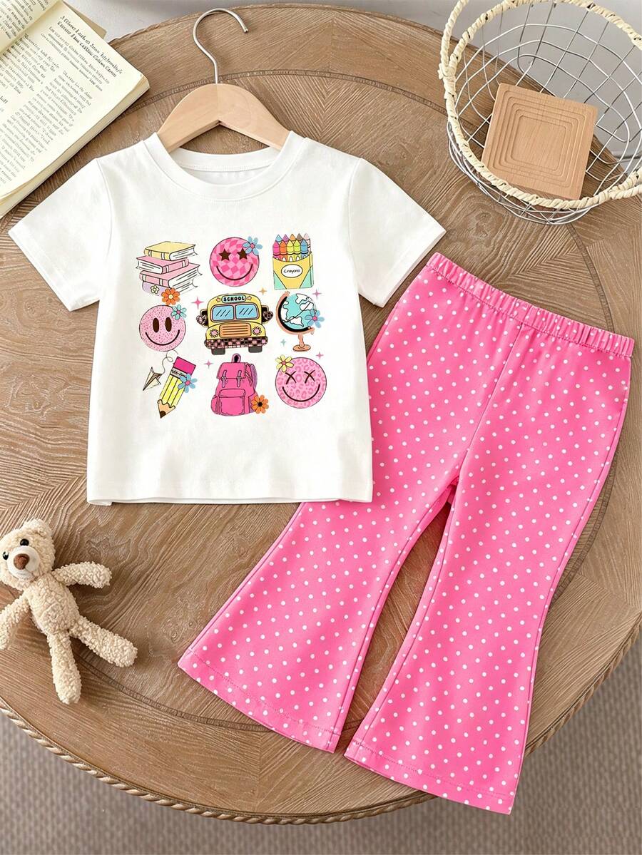 Elladie kids 2pcs/Set Young Girl Casual Butterfly Print Short Sleeve T-Shirt And Flare Pants,Cute Cartoon Graphic Fashionable Summer Clothes For School Outfit