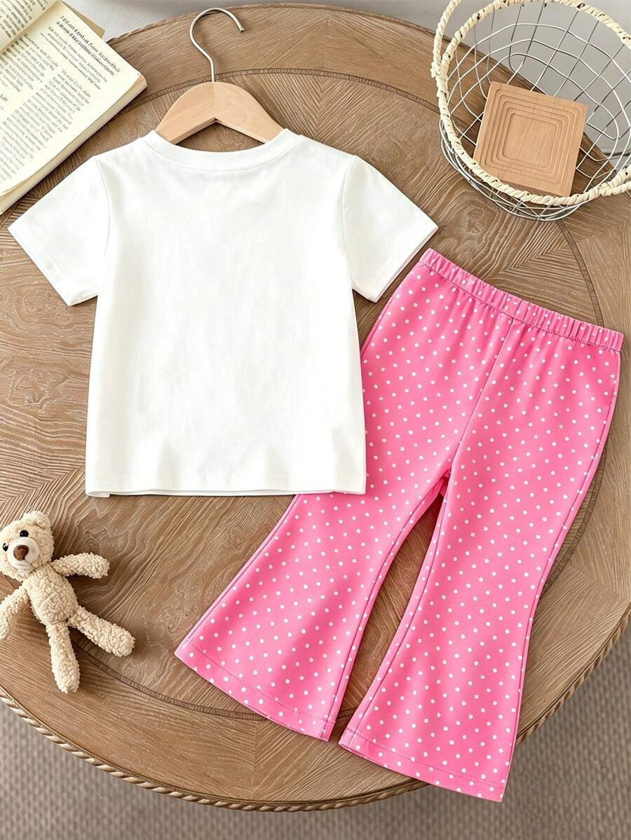 Elladie kids 2pcs/Set Young Girl Casual Butterfly Print Short Sleeve T-Shirt And Flare Pants,Cute Cartoon Graphic Fashionable Summer Clothes For School Outfit