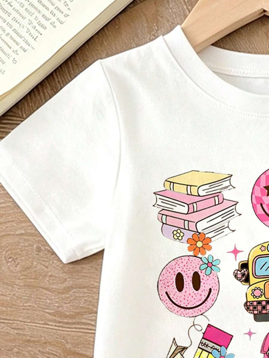 Elladie kids 2pcs/Set Young Girl Casual Butterfly Print Short Sleeve T-Shirt And Flare Pants,Cute Cartoon Graphic Fashionable Summer Clothes For School Outfit