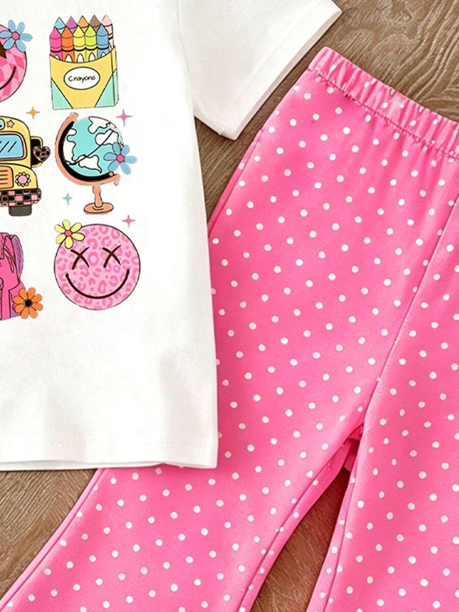 Elladie kids 2pcs/Set Young Girl Casual Butterfly Print Short Sleeve T-Shirt And Flare Pants,Cute Cartoon Graphic Fashionable Summer Clothes For School Outfit