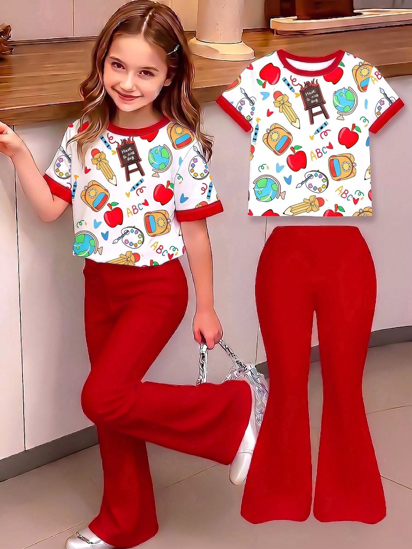 Elladie kids 2pcs/Set Young Girl Casual Butterfly Print Short Sleeve T-Shirt And Flare Pants,Cute Cartoon Graphic Fashionable Summer Clothes For School Outfit