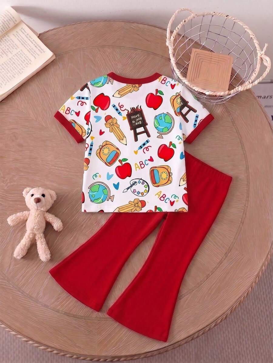 Elladie kids 2pcs/Set Young Girl Casual Butterfly Print Short Sleeve T-Shirt And Flare Pants,Cute Cartoon Graphic Fashionable Summer Clothes For School Outfit
