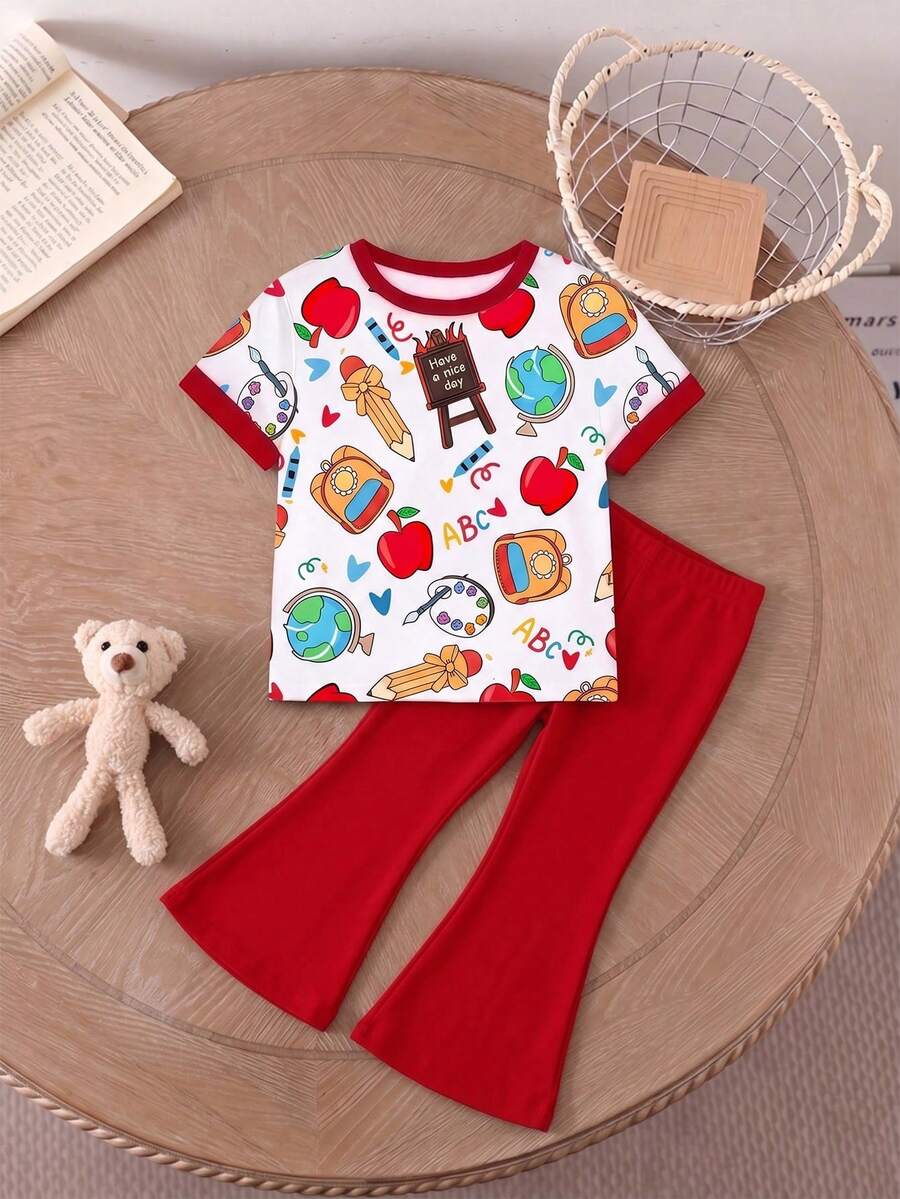 Elladie kids 2pcs/Set Young Girl Casual Butterfly Print Short Sleeve T-Shirt And Flare Pants,Cute Cartoon Graphic Fashionable Summer Clothes For School Outfit