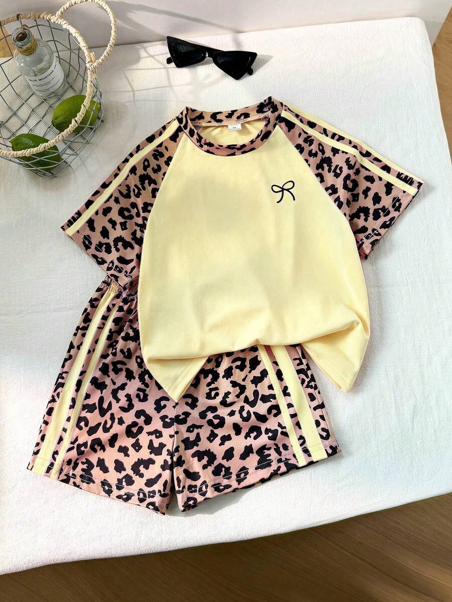 Genkimix Kids Young Girls Casual Light Sports Print Leopard Raglan T-Shirt With Cute Bow Front, Contrast Pink Knit Jersey Fabric, Y2K Retro Double Stripe Leopard Shorts Set, Suitable For Casual Activities, Street Style, Sports