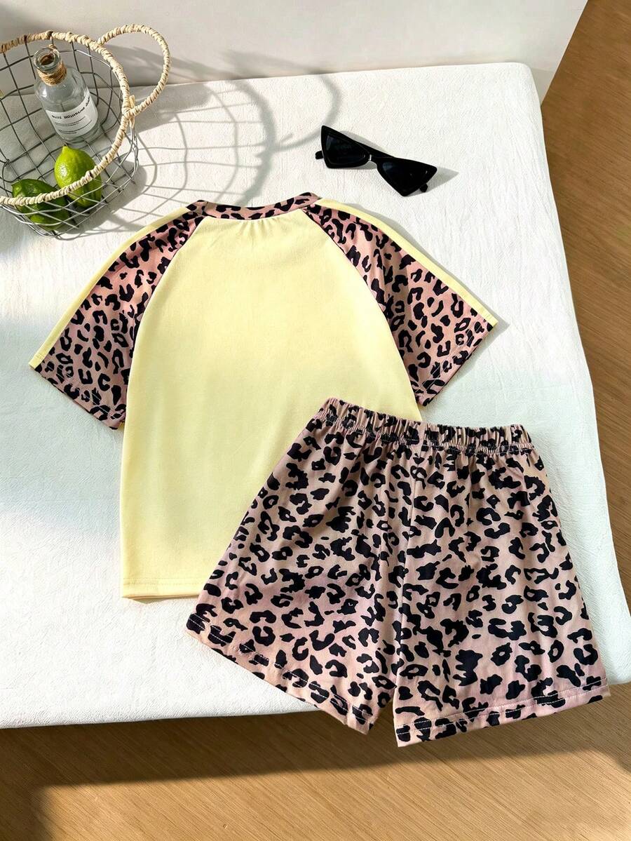 Genkimix Kids Young Girls Casual Light Sports Print Leopard Raglan T-Shirt With Cute Bow Front, Contrast Pink Knit Jersey Fabric, Y2K Retro Double Stripe Leopard Shorts Set, Suitable For Casual Activities, Street Style, Sports