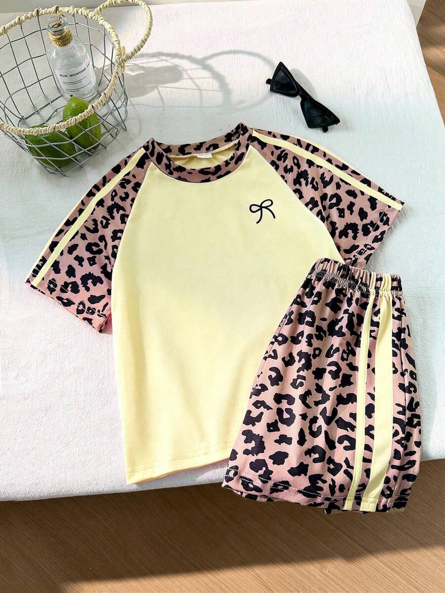 Genkimix Kids Young Girls Casual Light Sports Print Leopard Raglan T-Shirt With Cute Bow Front, Contrast Pink Knit Jersey Fabric, Y2K Retro Double Stripe Leopard Shorts Set, Suitable For Casual Activities, Street Style, Sports