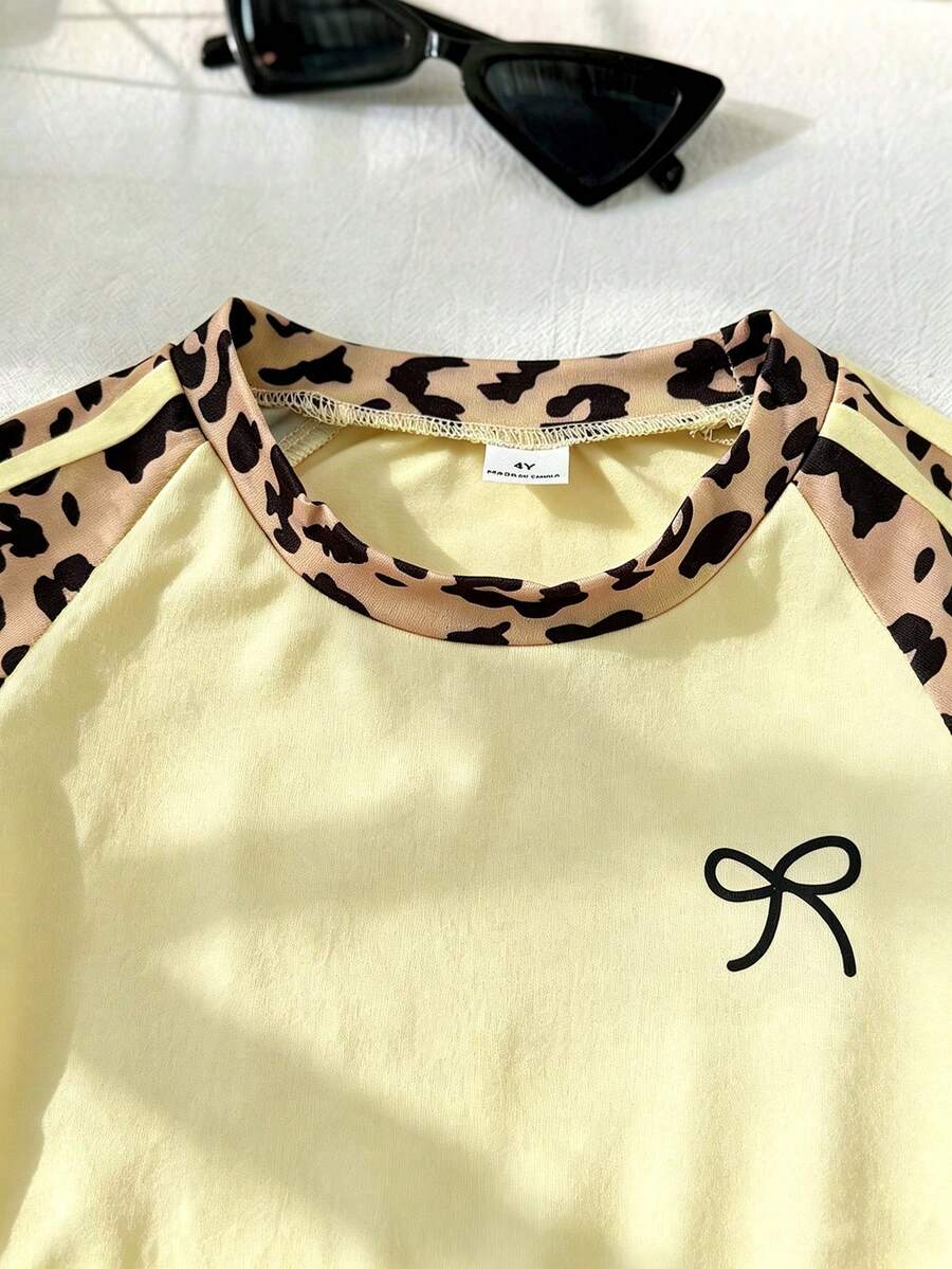 Genkimix Kids Young Girls Casual Light Sports Print Leopard Raglan T-Shirt With Cute Bow Front, Contrast Pink Knit Jersey Fabric, Y2K Retro Double Stripe Leopard Shorts Set, Suitable For Casual Activities, Street Style, Sports