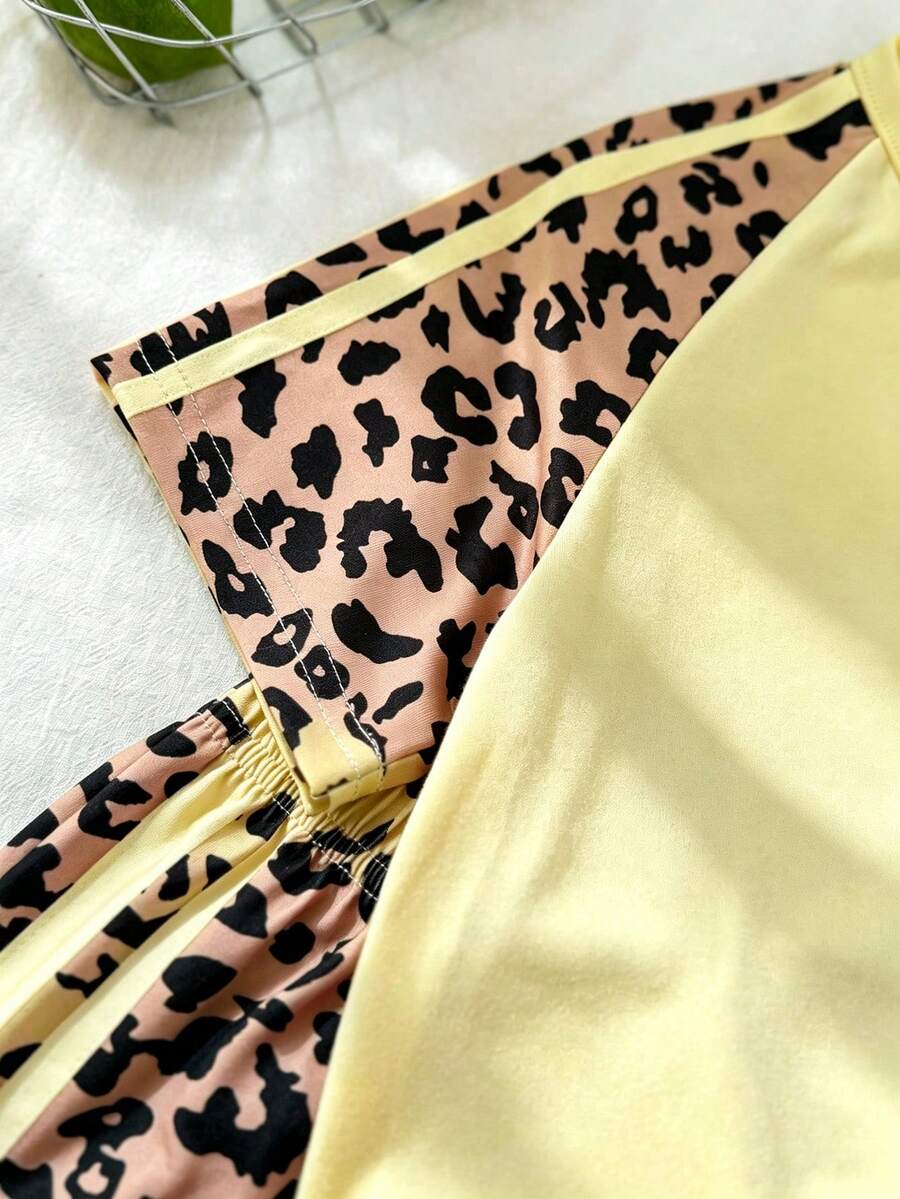 Genkimix Kids Young Girls Casual Light Sports Print Leopard Raglan T-Shirt With Cute Bow Front, Contrast Pink Knit Jersey Fabric, Y2K Retro Double Stripe Leopard Shorts Set, Suitable For Casual Activities, Street Style, Sports