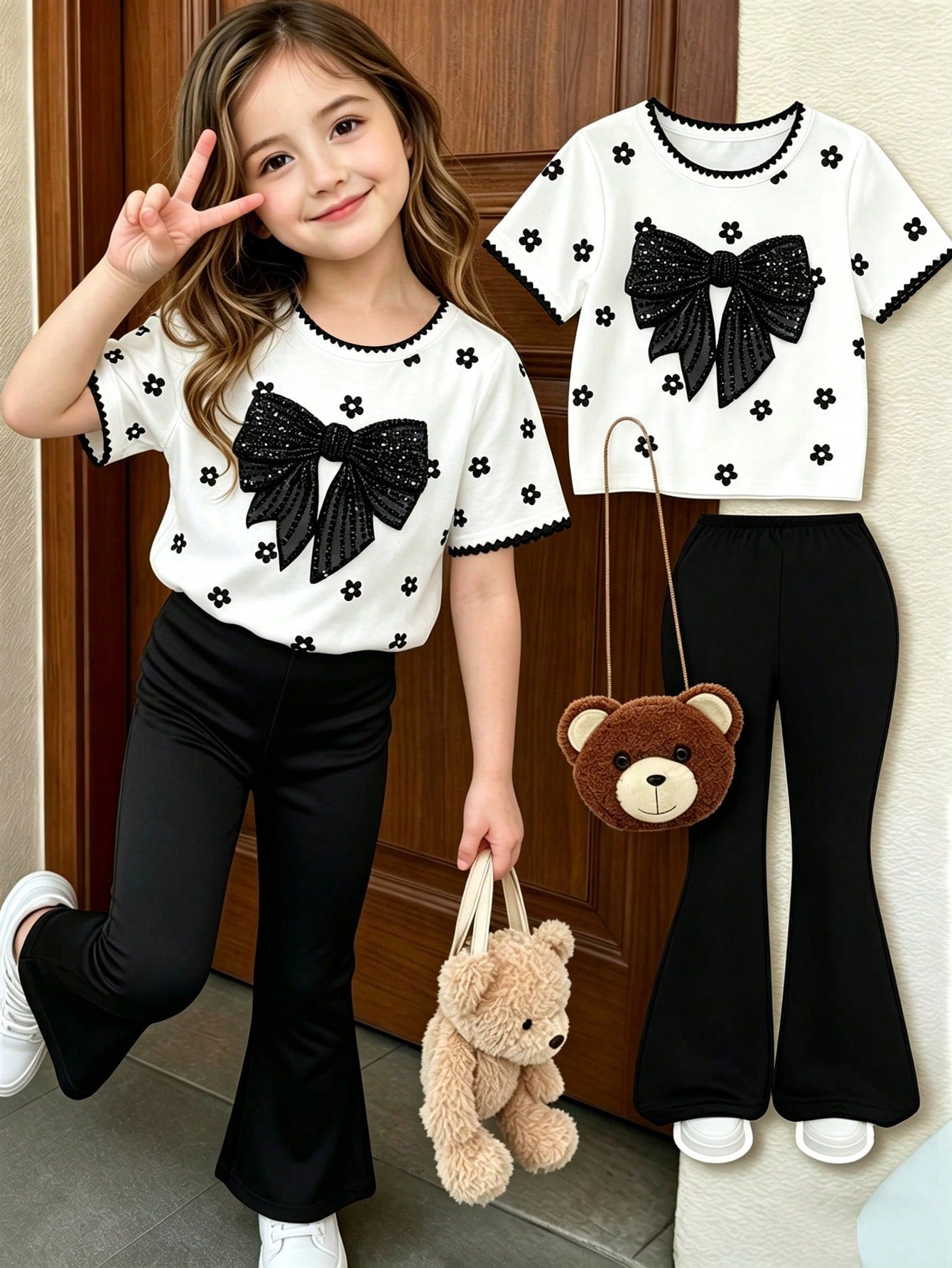 Elladie kids 2pcs/Set Young Girl Casual Butterfly Print Short Sleeve T-Shirt And Flare Pants,Cute Cartoon Graphic Fashionable Summer Clothes For School Outfit