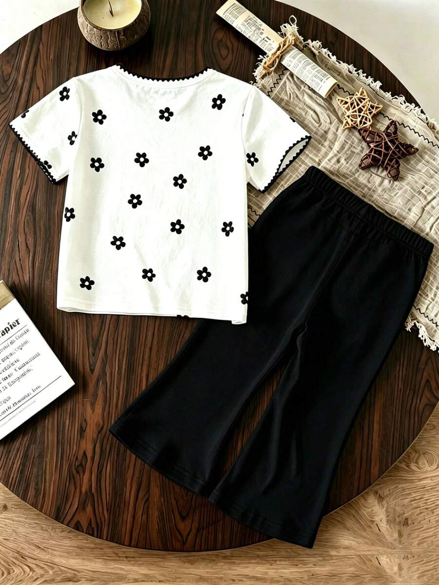 Elladie kids 2pcs/Set Young Girl Casual Butterfly Print Short Sleeve T-Shirt And Flare Pants,Cute Cartoon Graphic Fashionable Summer Clothes For School Outfit