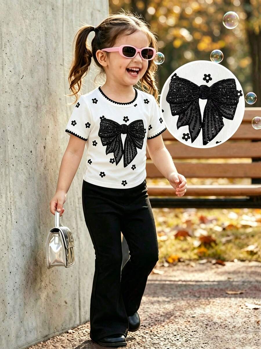 Elladie kids 2pcs/Set Young Girl Casual Butterfly Print Short Sleeve T-Shirt And Flare Pants,Cute Cartoon Graphic Fashionable Summer Clothes For School Outfit