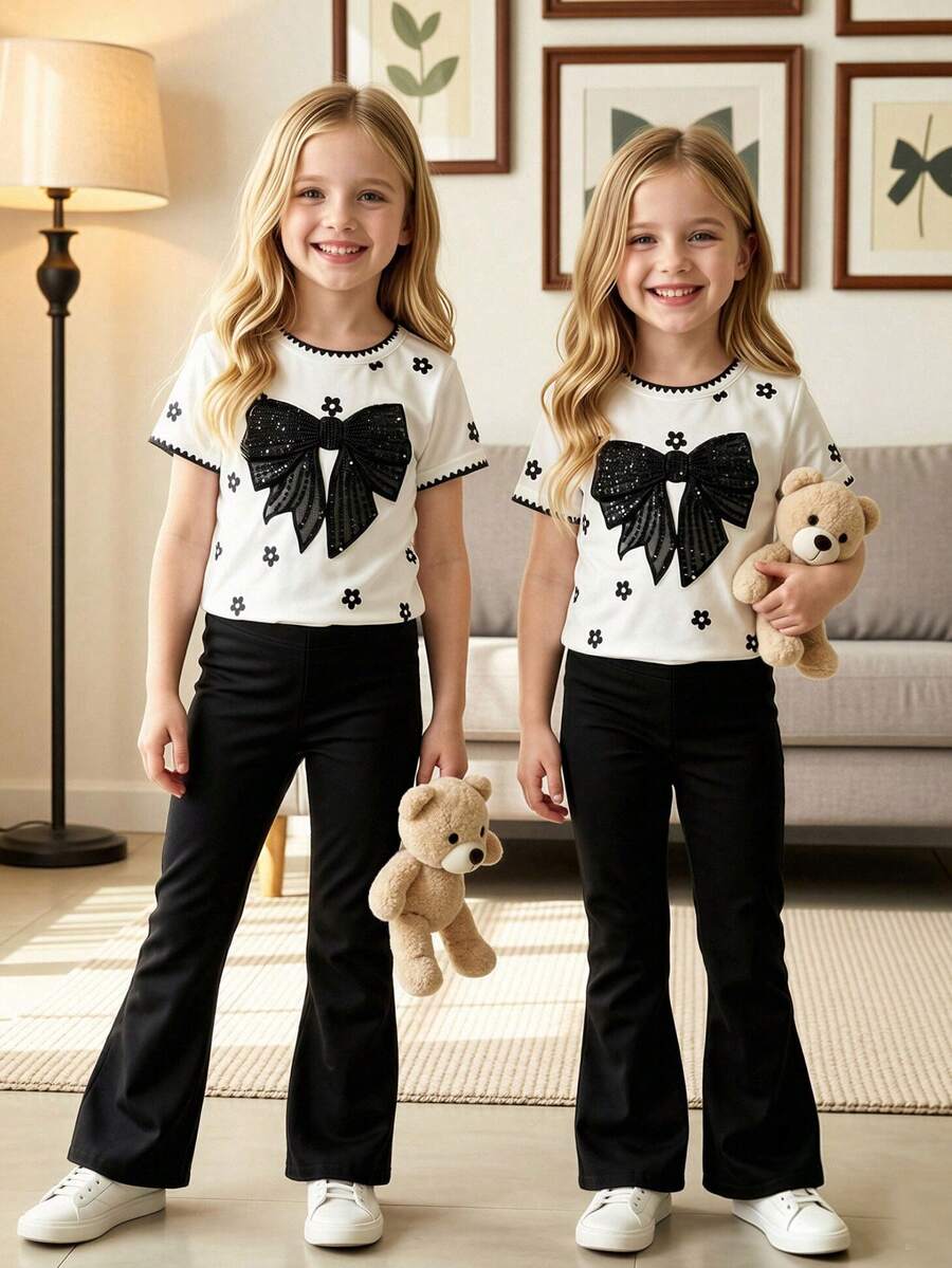 Elladie kids 2pcs/Set Young Girl Casual Butterfly Print Short Sleeve T-Shirt And Flare Pants,Cute Cartoon Graphic Fashionable Summer Clothes For School Outfit