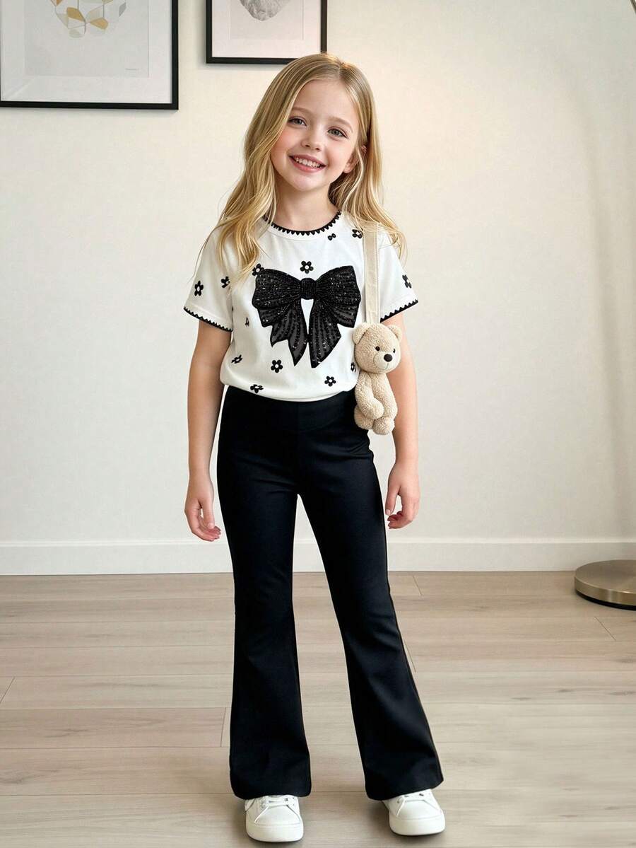 Elladie kids 2pcs/Set Young Girl Casual Butterfly Print Short Sleeve T-Shirt And Flare Pants,Cute Cartoon Graphic Fashionable Summer Clothes For School Outfit